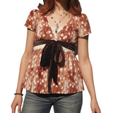 Womens Casual Bow Tie V Neck Short Sleeve Knitted Eco - Friendly T Shirt Sweet Animal Print High Waist Slim Fit Color Block - Zeprah