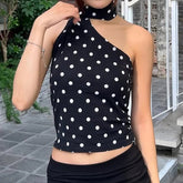 Women's Casual Breathable Eco - Friendly Elegant Polka Dot Halter Tank Top Ribbons Contrast Color Slim Fit Knitted - Zeprah