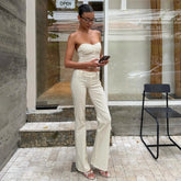 Women's Casual Chic Polka Dot 2 - Piece Set with Short Top Slim Bustier and Straight Leg Pants - Zeprah