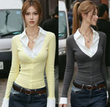 Women's Casual Knitted Two - in - One Shirt Collar Top Layered Look Long Sleeve Color Block Button Placket Versatile Daily Wear - Zeprah