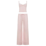 Women's Casual Knitting Pajamas Set Bow Collar Cami Wide Leg Pants Washed Fabric Breathable Eco - Friendly Sleepwear for Home Wear - Zeprah