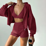 Womens Casual One Set Ribbed Knitting Hooded Sweatshirt Crop Top High Waist Shorts Solid Color Stretchy Breathable Eco - Friendly - Zeprah