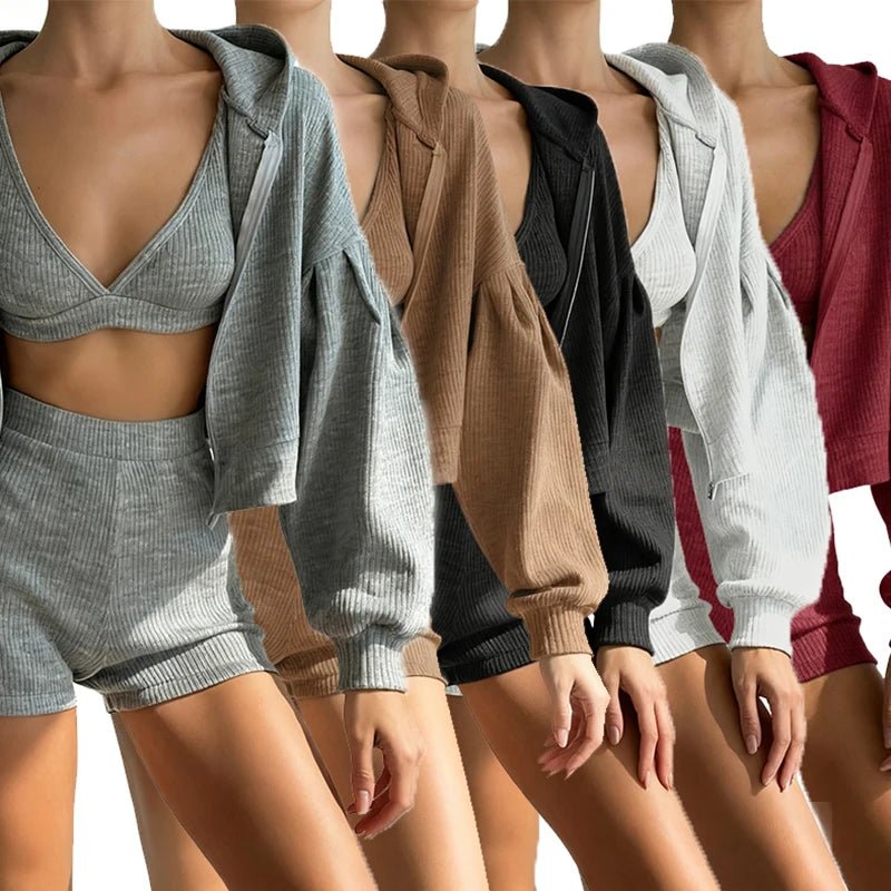 Womens Casual One Set Ribbed Knitting Hooded Sweatshirt Crop Top High Waist Shorts Solid Color Stretchy Breathable Eco - Friendly - Zeprah