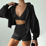 Womens Casual One Set Ribbed Knitting Hooded Sweatshirt Crop Top High Waist Shorts Solid Color Stretchy Breathable Eco - Friendly - Zeprah