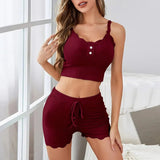 Women's Casual Pajamas Lace Trim Camisole Shorts with Elastic Waist Solid Pattern Loungewear for Summer - Zeprah