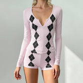 Women's Casual Plaid Color Block Knit Matching Set Long Sleeve Zip - Up T-Shirt Shorts Regular Fit Two - Piece Eco - Friendly All - Zeprah