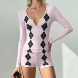 Women's Casual Plaid Color Block Knit Matching Set Long Sleeve Zip - Up T-Shirt Shorts Regular Fit Two - Piece Eco - Friendly All - Zeprah