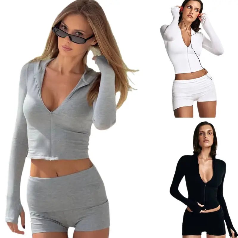 Women's Casual Seamless Knitting Yoga Set - Shorts Hooded Long Sleeve Zip - Up Jacket Leggings Quick Dry Breathable Skinny Fit Gym - Zeprah