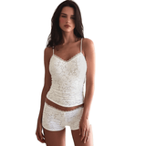 Women's Casual Sexy Lace Trimmed Bandeau Top Shorts Set , Collarless Low Rise Solid Color Summer Loungewear Two Piece , Eco - Friendly - Zeprah