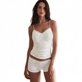 Women's Casual Sexy Lace Trimmed Bandeau Top Shorts Set , Collarless Low Rise Solid Color Summer Loungewear Two Piece , Eco - Friendly - Zeprah