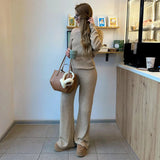 Women's Casual Solid Color Knitting Spandex/Polyester Loungewear Two - Piece Set Shoulder Top Wide Leg Pants Breathable - Zeprah