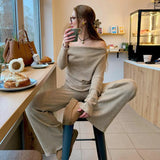 Women's Casual Solid Color Knitting Spandex/Polyester Loungewear Two - Piece Set Shoulder Top Wide Leg Pants Breathable - Zeprah