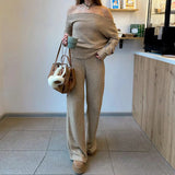 Women's Casual Solid Color Knitting Spandex/Polyester Loungewear Two - Piece Set Shoulder Top Wide Leg Pants Breathable - Zeprah