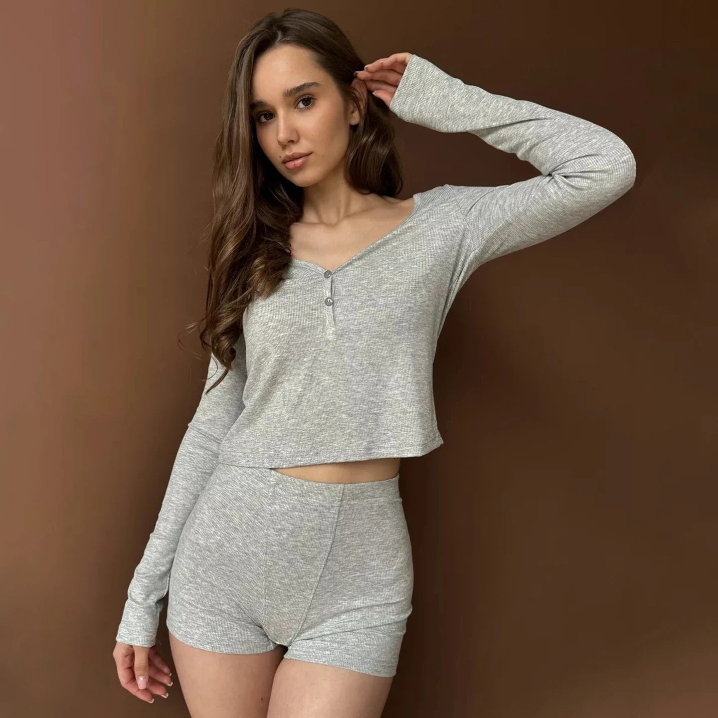 Women's Casual Solid Two Piece Set Outdoor Wearable Long Sleeve Top Shorts Comfortable Eco - Friendly Breathable Button Knitting - Zeprah