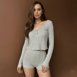 Women's Casual Solid Two Piece Set , Outdoor Wearable Long Sleeve Top & Shorts , Crew Neck Comfortable Eco - Friendly Knitting (All Seasons) - Zeprah