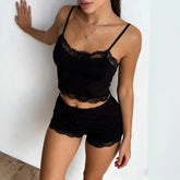 Women's Casual Sport Set 2 - Piece Workout Outfit Floral Lace Trim V - Neck Cami Top Knee Skinny Breathable Knitting Shorts Gym - Zeprah