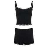 Women's Casual Sport Set 2 - Piece Workout Outfit Floral Lace Trim V - Neck Cami Top Knee Skinny Breathable Knitting Shorts Gym - Zeprah