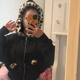 Women's Casual Street Style Leopard Print Anti - Wrinkle Knitted Spandex/Polyester Plain Dyed Faux Fur Hooded Zip - Up Sweatshirt - Zeprah