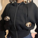 Women's Casual Street Style Leopard Print Anti - Wrinkle Knitted Spandex/Polyester Plain Dyed Faux Fur Hooded Zip - Up Sweatshirt - Zeprah