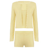 Women's Casual Streetwear 3 - Piece Set New Solid Color Crop Top Long Sleeve Cardigan Skinny Low Rise Knee Shorts Knitting - Zeprah