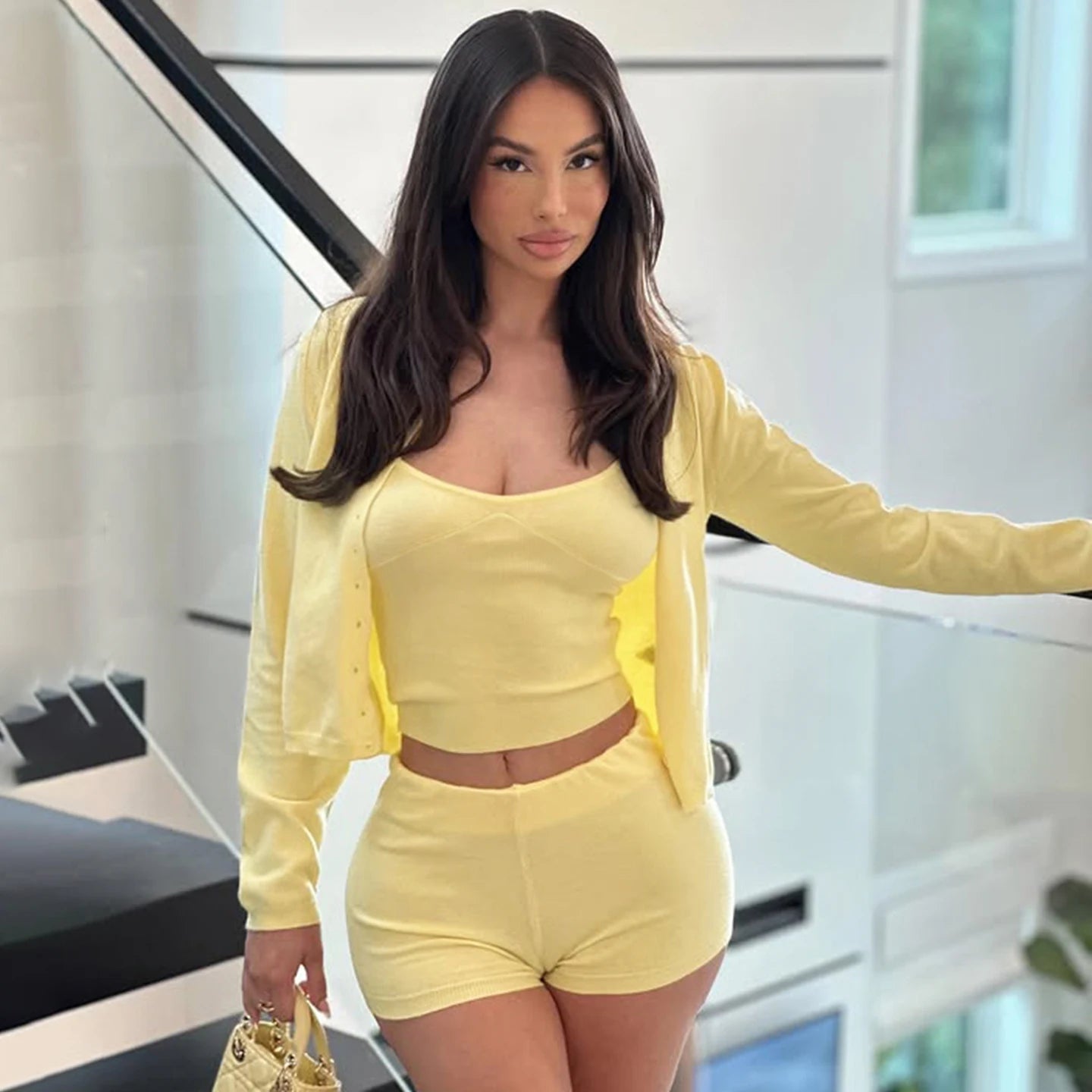 Women's Casual Streetwear 3 - Piece Set New Solid Color Crop Top Long Sleeve Cardigan Skinny Low Rise Knee Shorts Knitting - Zeprah