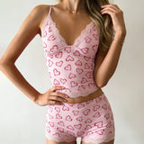 Women's Casual Two Piece Set Solid Color Heart Print Contrast Lace Trim Breathable Eco - Friendly Cami Top Shorts - Zeprah