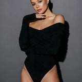 Women's Clothing Off - shoulder V - neck Pleated Long Sleeve Top Tight - fitting Elegant Jumpsuit - Zeprah