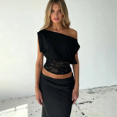 Women's Collarless Off - Shoulder Sleeveless Lace Trim Regular Fit Cropped Top Breathable Summer Eco - Friendly Elegant Casual Tee - Zeprah