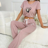 Women's Comfortable Pink Knitted Striped Pajama Set Casual Sports & Home Wear Elastic Waist Closure Breathable - Zeprah