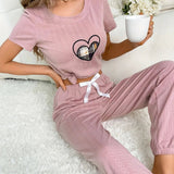 Women's Comfortable Pink Knitted Striped Pajama Set Casual Sports & Home Wear Elastic Waist Closure Breathable - Zeprah