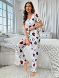 Women's Comfortable Summer Milk Silk Short Sleeve Long Pants Heart Print Casual Homewear Set Pajamas - Zeprah