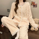 Women's Coral Fleece Pajamas Autumn Winter New Collection Korean Style Sweet Thickened Warm Loungewear Set Solid - Zeprah
