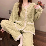 Women's Coral Fleece Pajamas Autumn Winter New Collection Korean Style Sweet Thickened Warm Loungewear Set Solid - Zeprah