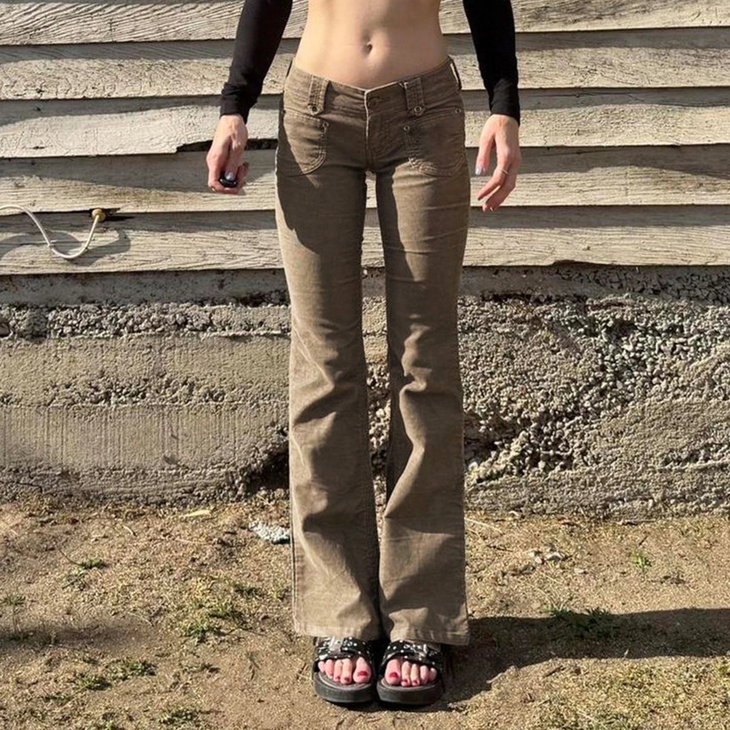 Women's Corduroy Pants Style Brown Low Rise Flare with Patchwork Pockets Eco - Friendly Lengthening Warm Loose Fit - Zeprah