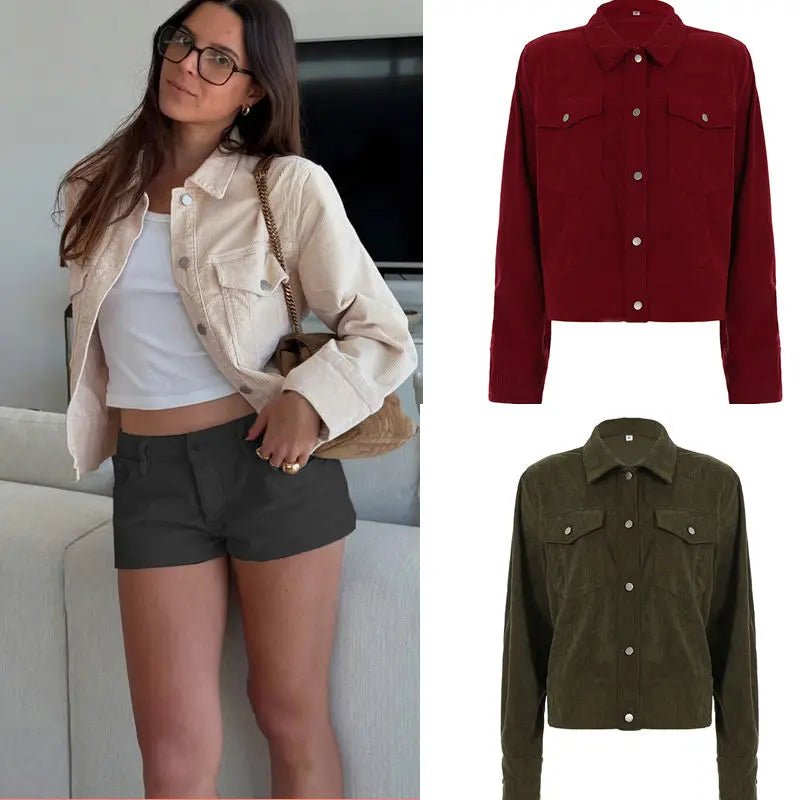 Women's Corduroy Shirt Collar Jacket Patchwork Single Row Button Long Sleeve Casual Blazer Short Autumn Breathable - Zeprah