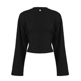 Women's Cropped Long Sleeve Knitted Eco - Friendly Casual T-Shirt Oversized Drop Shoulder Plain Round Neck - Zeprah