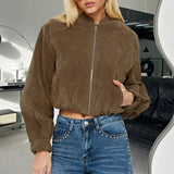 Womens Cropped Woven Blouson Jacket Eco - Friendly Windproof Casual Loose Fit Slim Waist Minimalist Street Style Zip Autumn - Zeprah