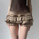 Women's Date Skirt, Brown Vintage Cake Layer Hem Skirt, Elegant A - Line Half Slip - Zeprah