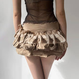 Women's Date Skirt, Brown Vintage Cake Layer Hem Skirt, Elegant A - Line Half Slip - Zeprah