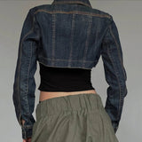 Women's Denim Jacket Short CroppedmBlue Long Sleeve Lapel Collar Denim Coat New Fashion Jacket for Women - Zeprah