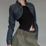 Women's Denim Jacket Short CroppedmBlue Long Sleeve Lapel Collar Denim Coat New Fashion Jacket for Women - Zeprah