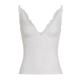 Womens Eco - Friendly Breathable Casual Stretch Slim Fit Camisole V Neck Lace Trim Rib Knit Tank Top - Zeprah