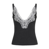 Womens Eco - Friendly Breathable Casual Stretch Slim Fit Camisole V Neck Lace Trim Rib Knit Tank Top - Zeprah