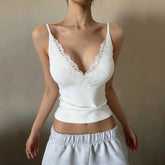 Womens Eco - Friendly Breathable Casual Stretch Slim Fit Camisole V Neck Lace Trim Rib Knit Tank Top - Zeprah