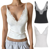 Womens Eco - Friendly Breathable Casual Stretch Slim Fit Camisole V Neck Lace Trim Rib Knit Tank Top - Zeprah
