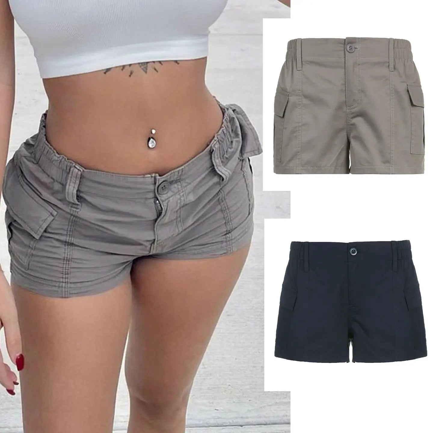 Womens Eco - Friendly Canvas Minimalist Low Rise Cargo Shorts Pure Cotton Breathable Washed Casual Streetwear Button Closure - Zeprah