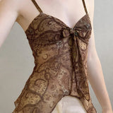 Womens Eco - Friendly Knitted Floral Print Peplum Camisole Retro Color Block Mesh High Waist Tummy Control Top - Zeprah