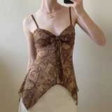 Womens Eco - Friendly Knitted Floral Print Peplum Camisole Retro Color Block Mesh High Waist Tummy Control Top - Zeprah