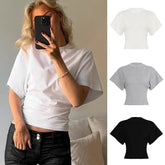 Women's Eco - Friendly Summer Cotton T-Shirt Custom Streetwear Top Solid Color Crew Neck Cinched Waist - Zeprah