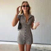 Women's Eco - Friendly Vintage Classic Plaid Mini Shirt Dress Natural Smocked Waist Contrast Trim Button Straight Office - Zeprah